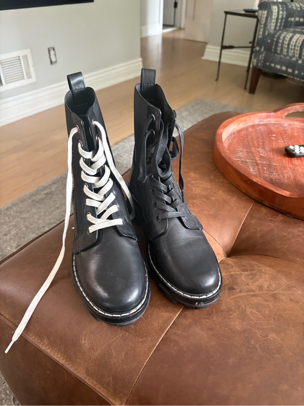 rag & bone Black Leather Combat Boots with Contrasting White Lace